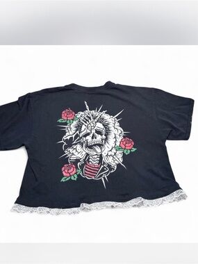 Upcycled Skull Rose Graphic Tee Lace Hem Grunge Coquette Punk Goth Size L